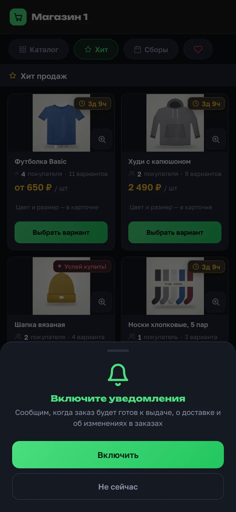 The "Turn on notifications" window over the catalog: a bell, an explanation and "Turn on" and "Not now" buttons