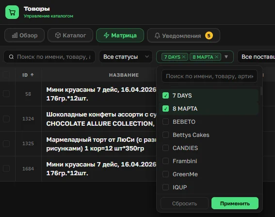 Список товаров в Матрице OrderGrow, отфильтрованный по подкатегориям