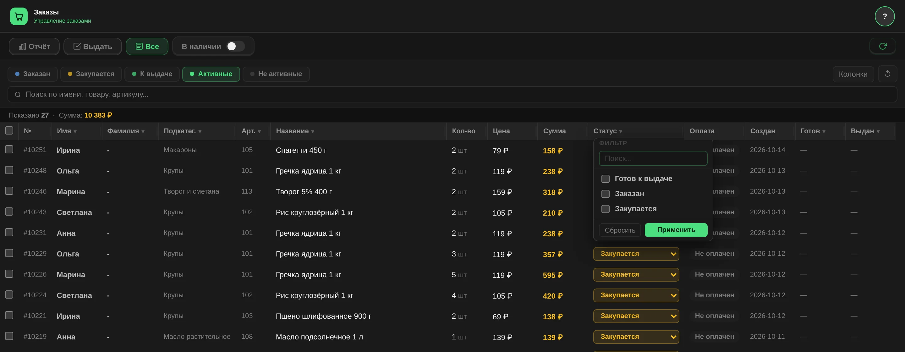The "All" tab: the row-by-row order list with a column filter open