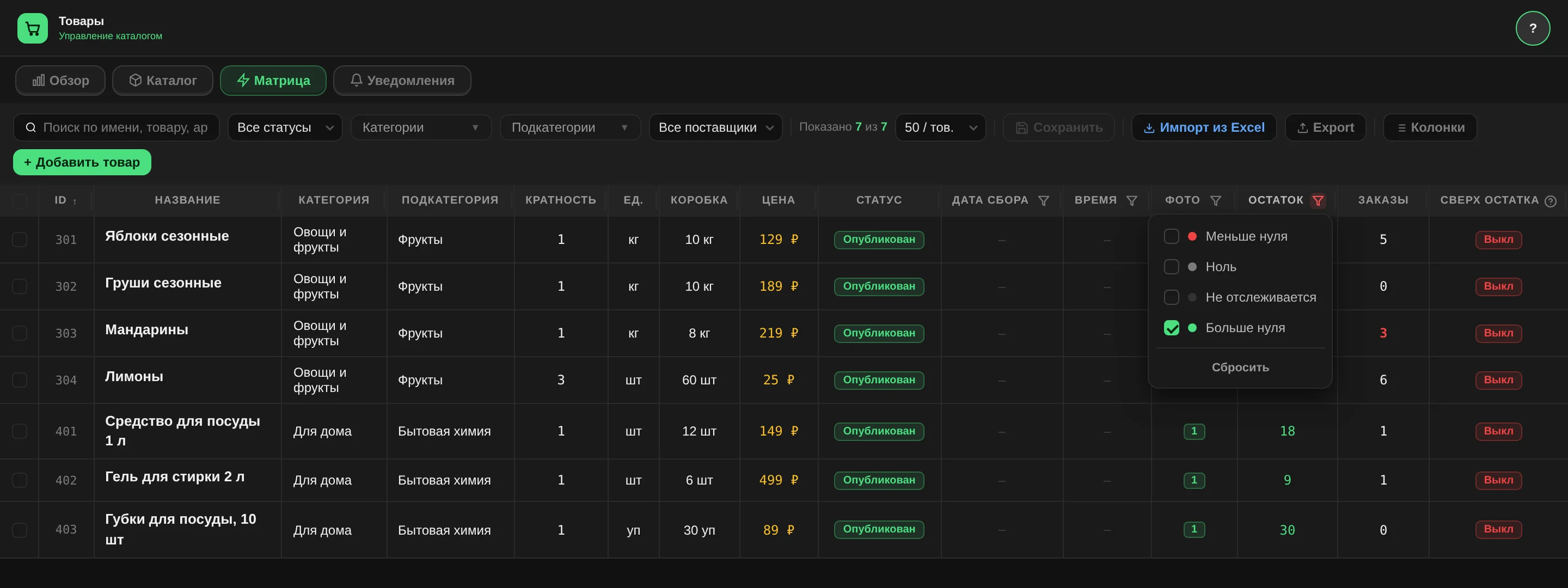 The matrix on a computer: the open "Stock" filter in the column header with "Below zero", "Zero", "Not tracked" and "Above zero"