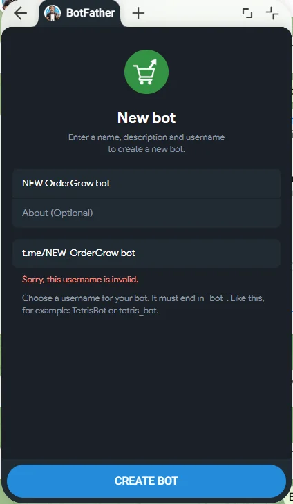 Ошибка Sorry this username is invalid при пробеле в имени бота