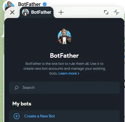 Главный экран BotFather с кнопкой создания нового бота