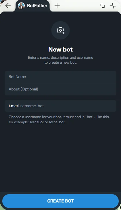 Форма создания нового бота в BotFather с полями имени и username