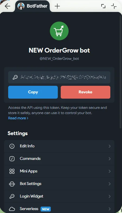 Экран с токеном нового бота и кнопками Copy и Revoke в BotFather