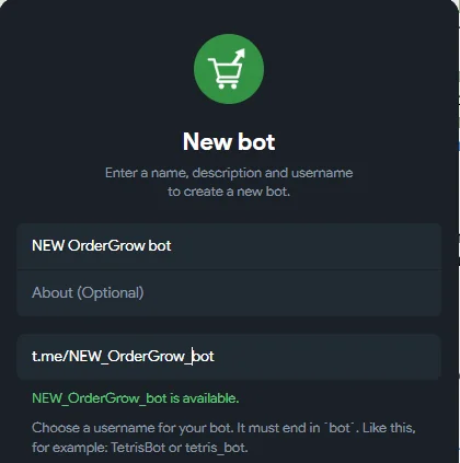 Подтверждение доступности username бота в BotFather