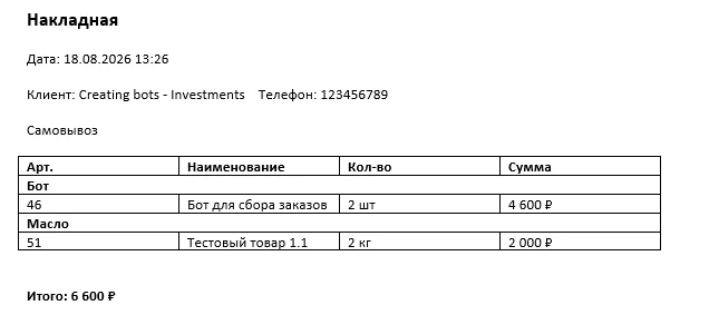 Готовая накладная OrderGrow — шапка, таблица позиций и итоговая сумма