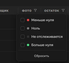 Фильтр «Остаток» в матрице OrderGrow — Меньше нуля, Ноль, Не отслеживается, Больше нуля